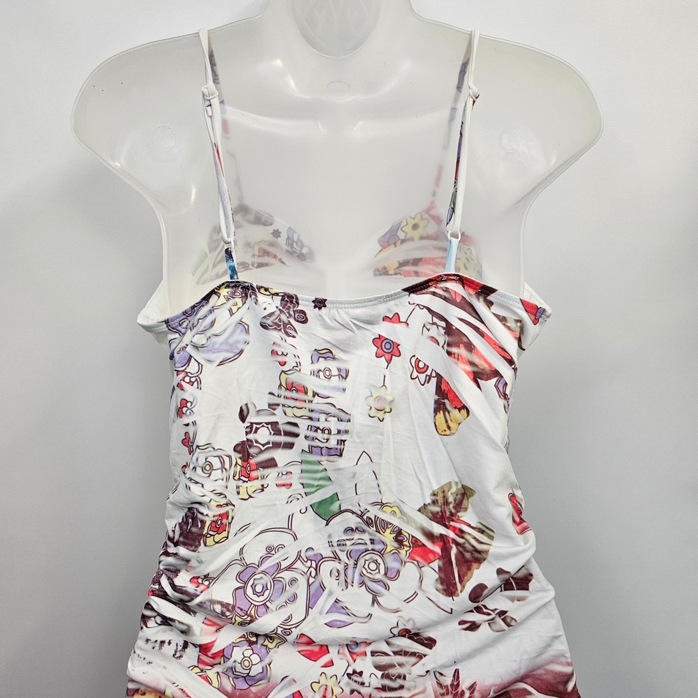 Y2K La Teen Mini Dress L White Pink Graphic Print Ruched Bodycon Babydoll NEW - Picture 11 of 12
